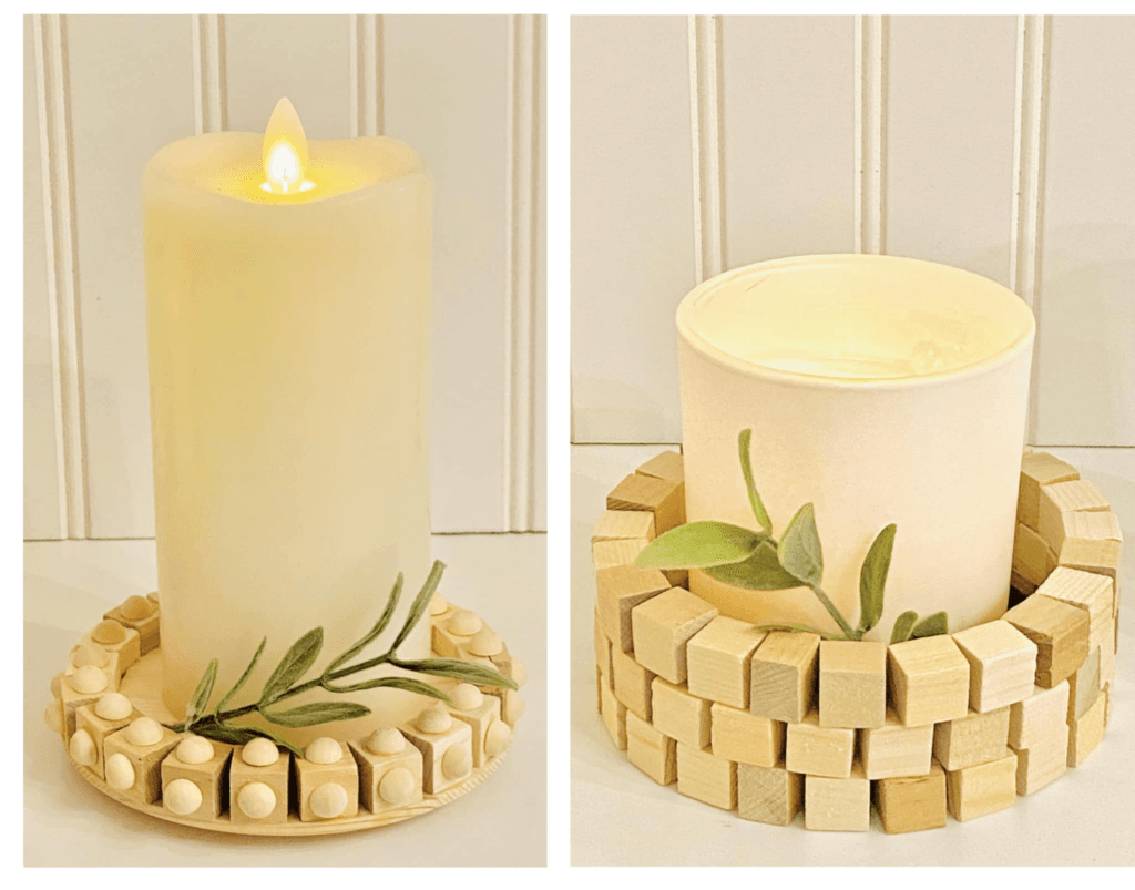 Handmade candle holder crafted from wooden cubes and half beads