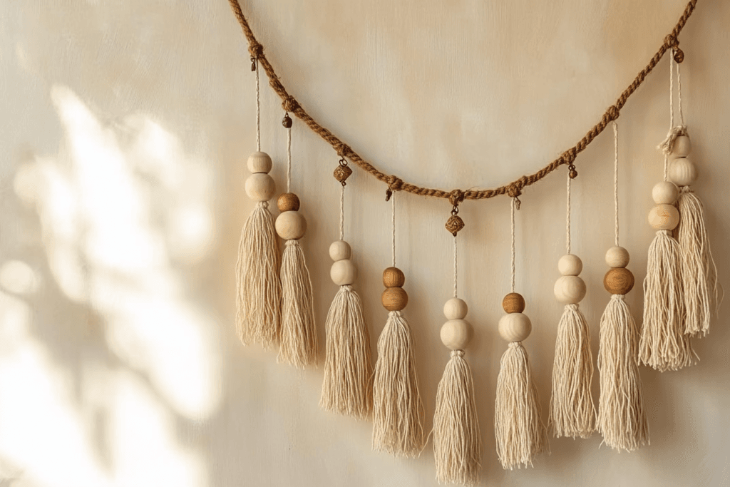 Wooden craft beads and tassels used in a boho-chic wall hanging.