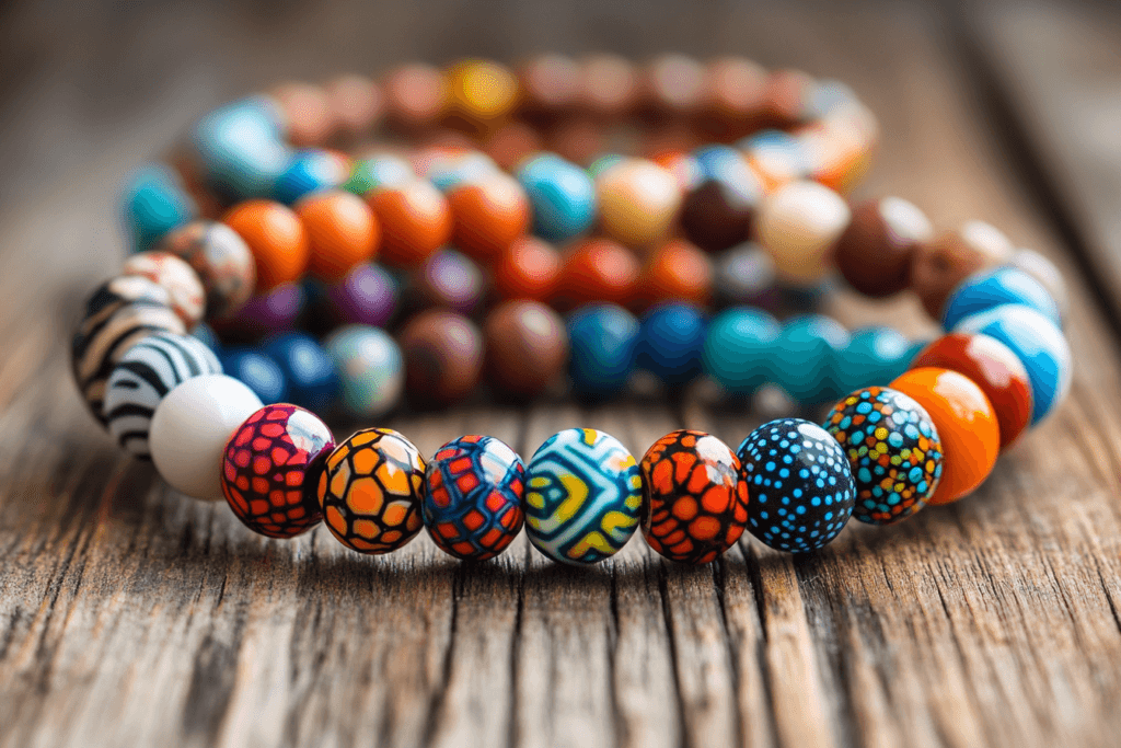 Hands stringing colorful craft beads onto an elastic cord to make a bracelet.
