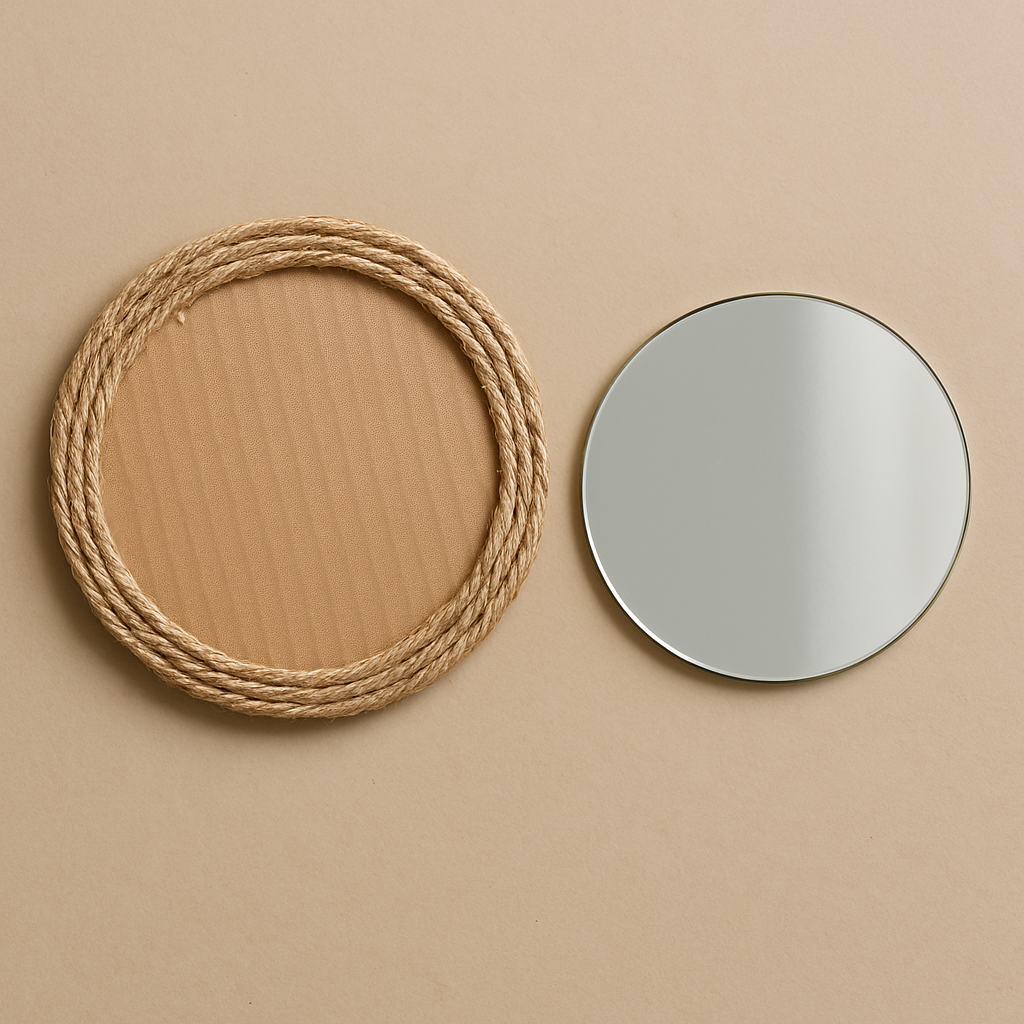 Wrapping jute rope around the cardboard to create a rustic frame for the mirror decor.