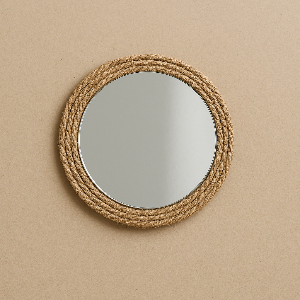 Gluing a round mirror in the center of the cardboard base for a farmhouse-style wall decor.