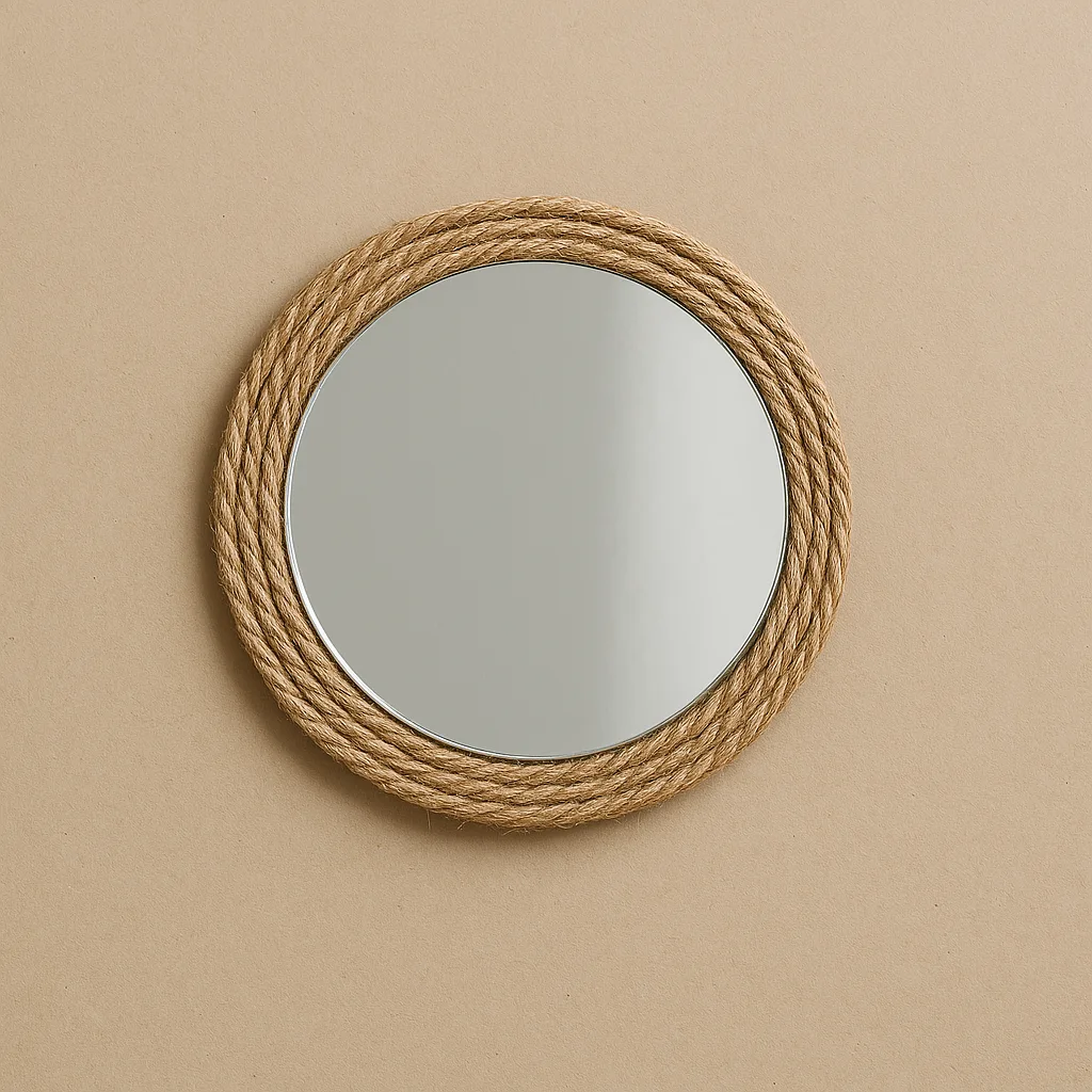 Gluing a round mirror in the center of the cardboard base for a farmhouse-style wall decor.