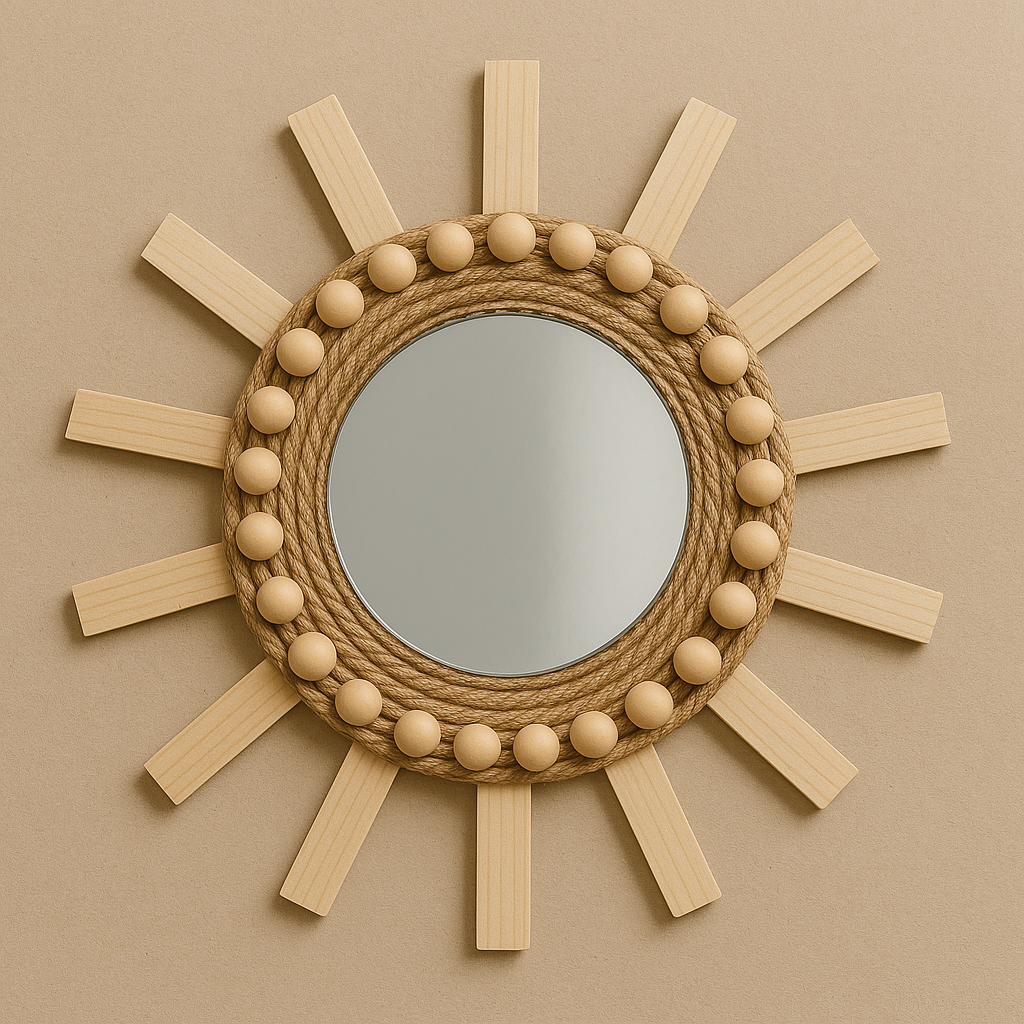 Gluing a second jute ring and adding wooden beads for a detailed farmhouse mirror design.