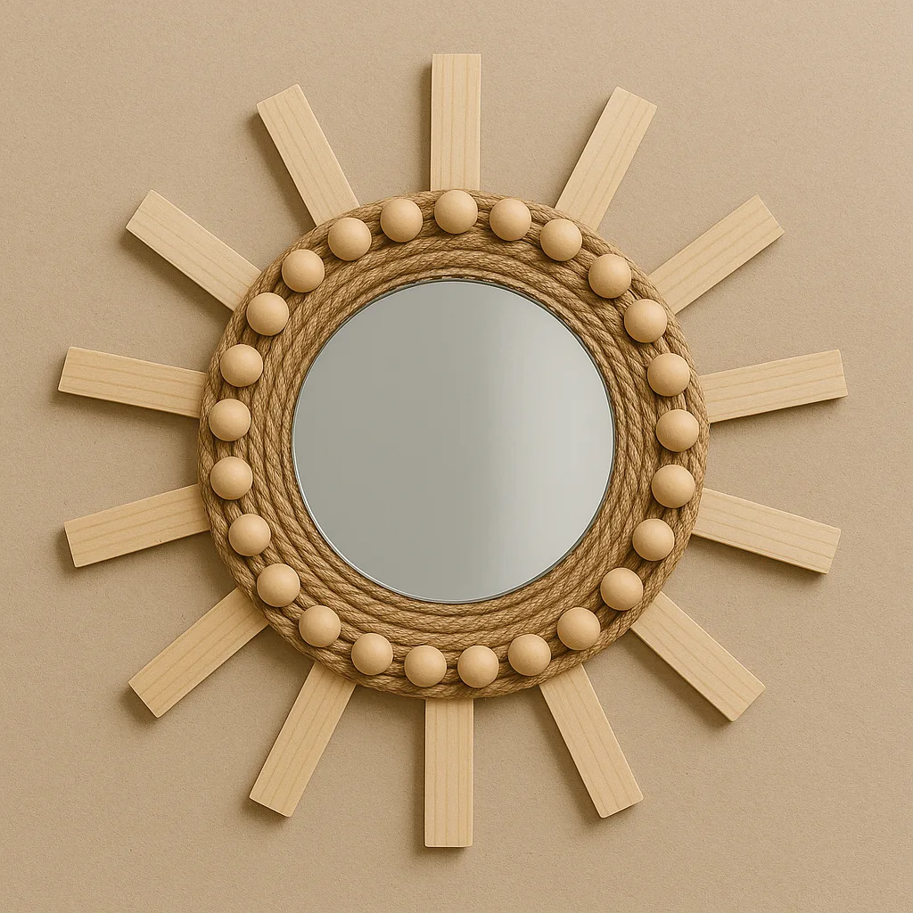 Gluing a second jute ring and adding wooden beads for a detailed farmhouse mirror design.