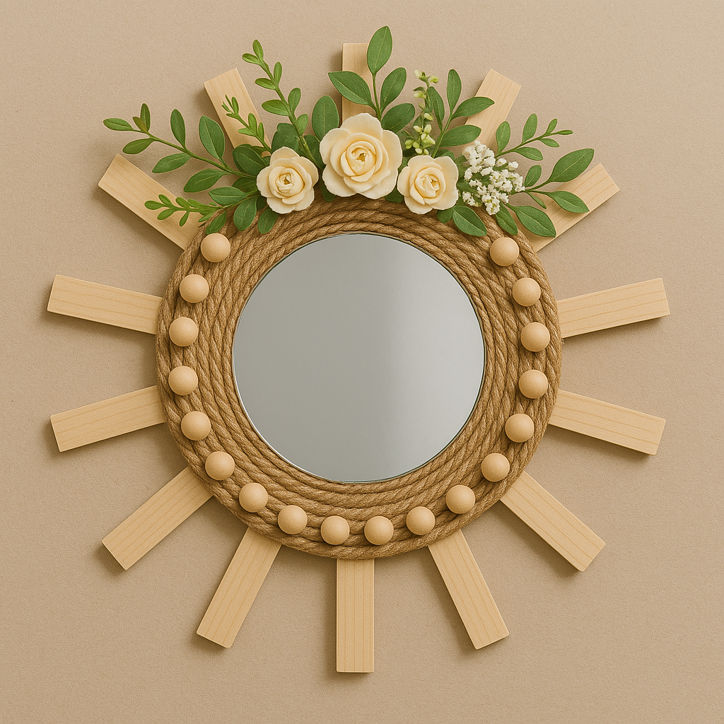Decorating the top of the mirror with faux flowers and greenery for a boho farmhouse touch.