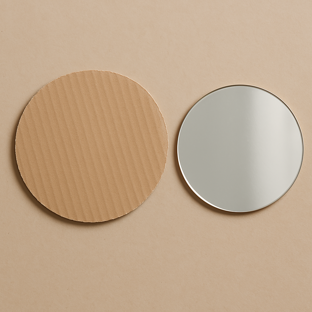 Cutting a round cardboard base slightly larger than the mirror for DIY farmhouse wall decor.