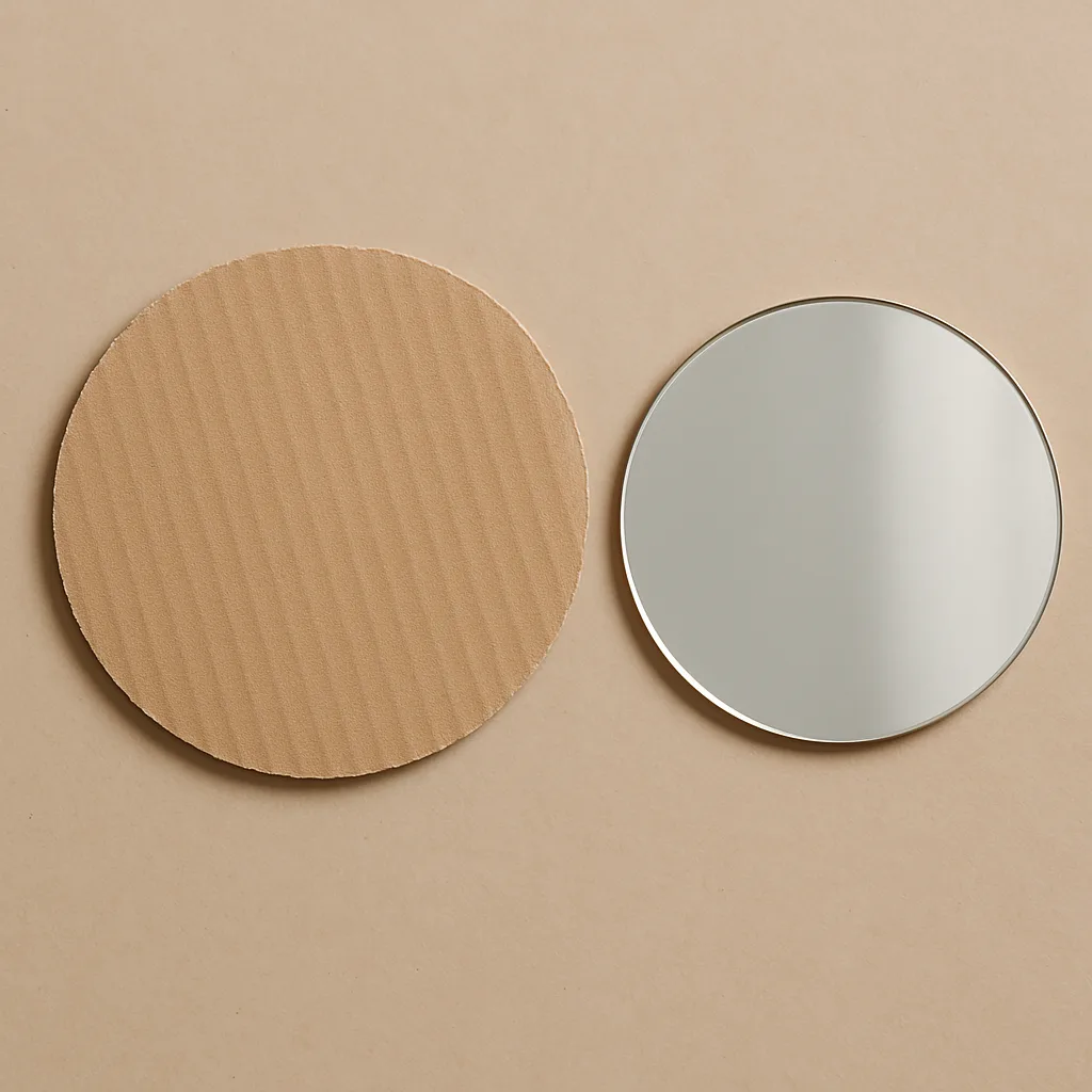 Cutting a round cardboard base slightly larger than the mirror for DIY farmhouse wall decor.