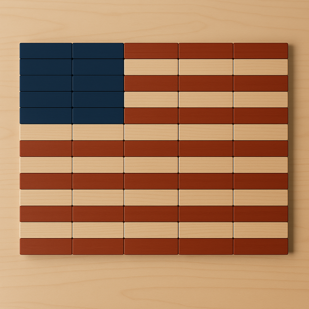 Painted red and blue Jenga blocks drying on table