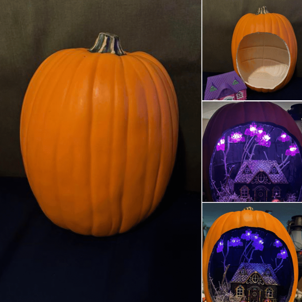 DIY Halloween pumpkin diorama with haunted house, purple LED lights, moss, and small pumpkins