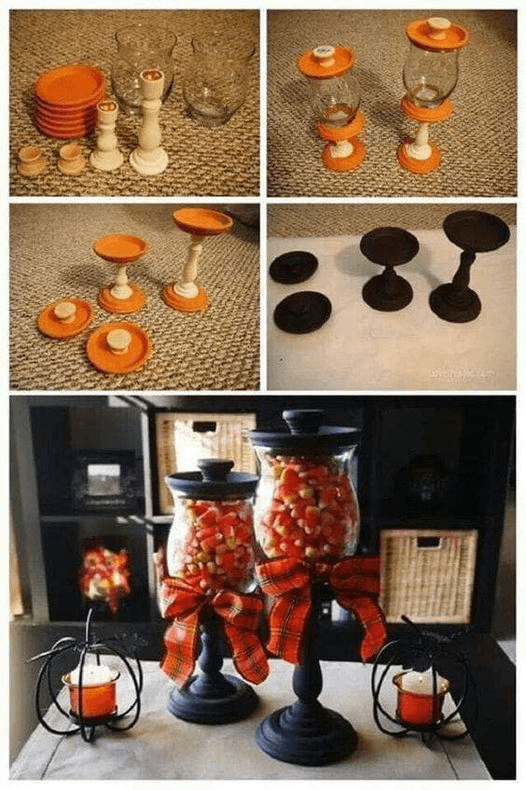 DIY fall candy holders made from candlesticks, plates, and glass jars, painted black and filled with candy corn with ribbon accents