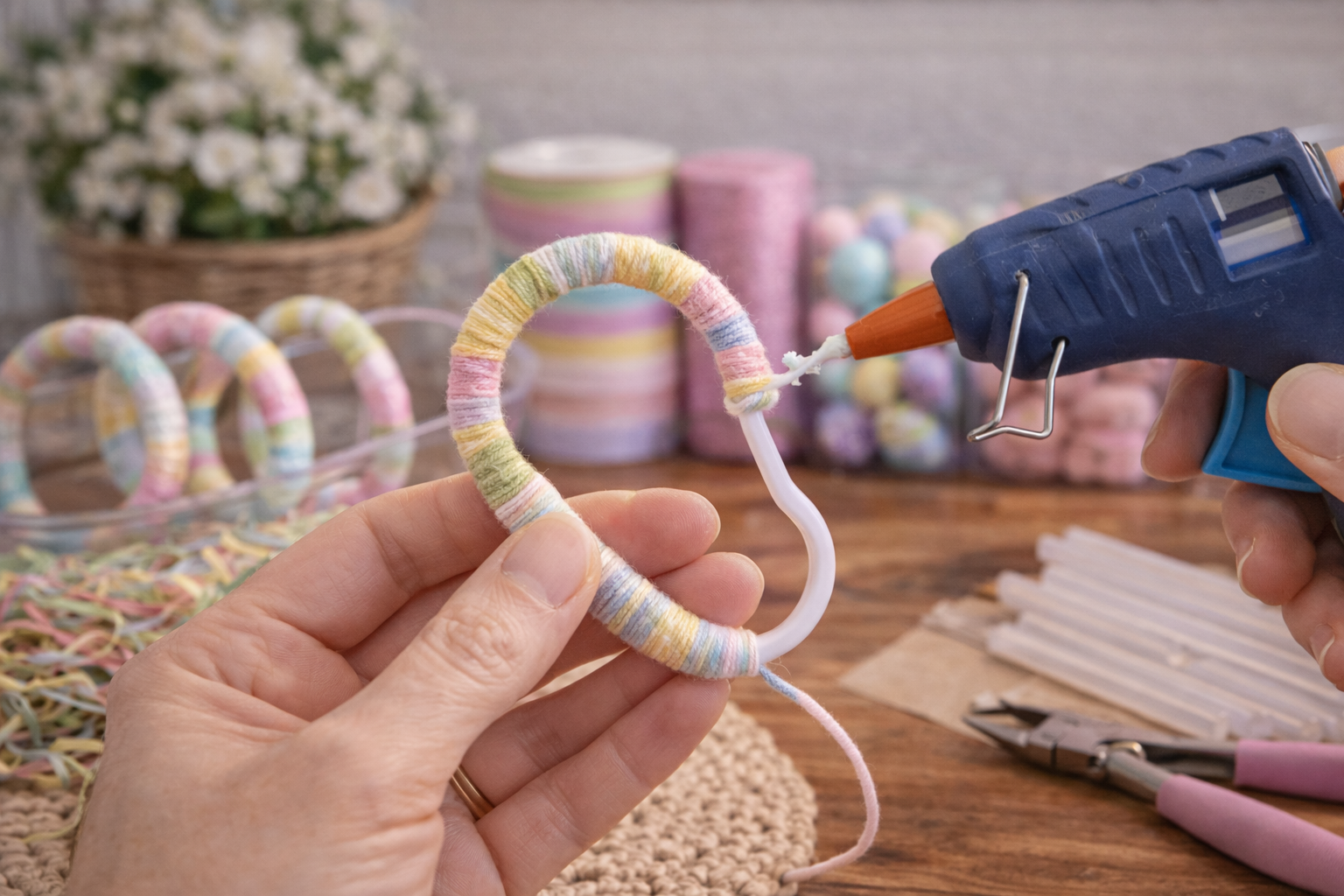 How to wrap shower hooks with yarn - Charming Pastel Easter Bunny & Egg Tree DIY tutorial