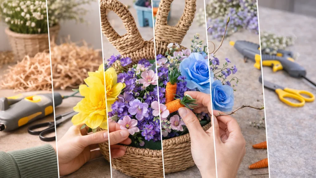 Cozy Spring Bunny Basket Floral Display