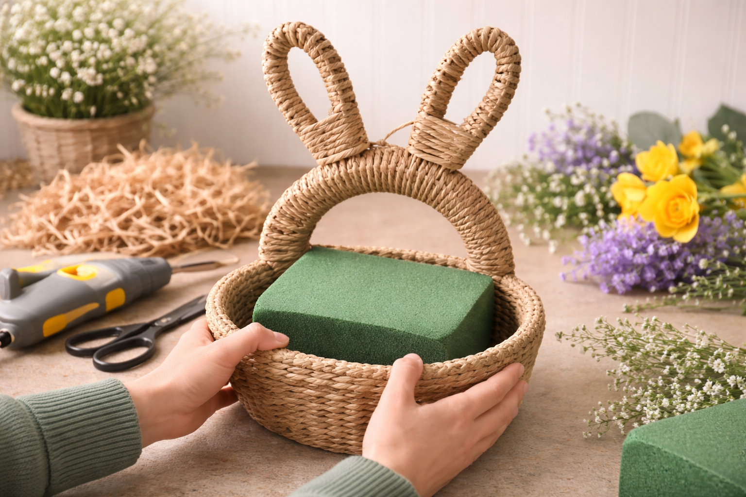 How to prepare the basket base - Cozy Spring Bunny Basket Floral Display DIY tutorial