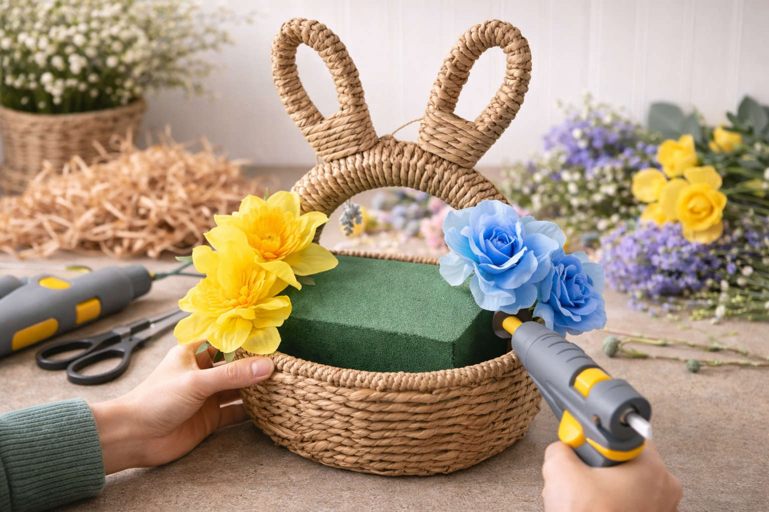 How to establish primary flower clusters - Cozy Spring Bunny Basket Floral Display DIY tutorial