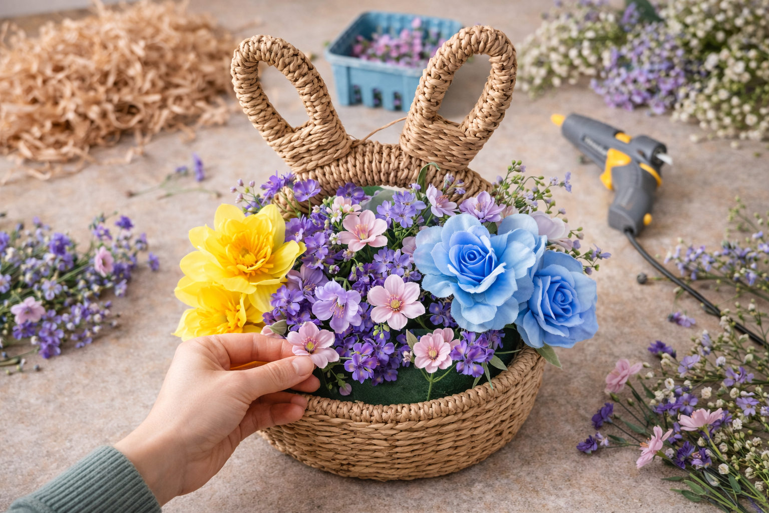 How to layer and fill with blooms - Cozy Spring Bunny Basket Floral Display DIY tutorial