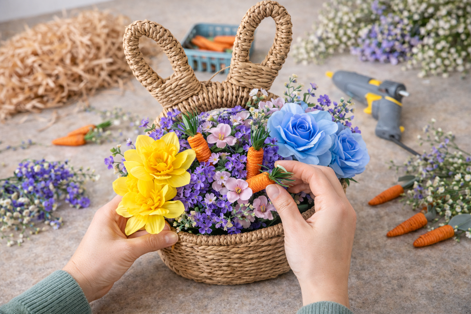 How to incorporate whimsical carrots - Cozy Spring Bunny Basket Floral Display DIY tutorial