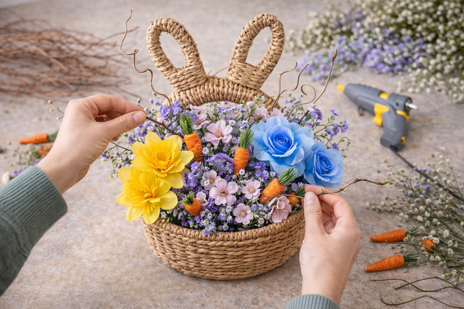 How to add movement & texture accents - Cozy Spring Bunny Basket Floral Display DIY tutorial