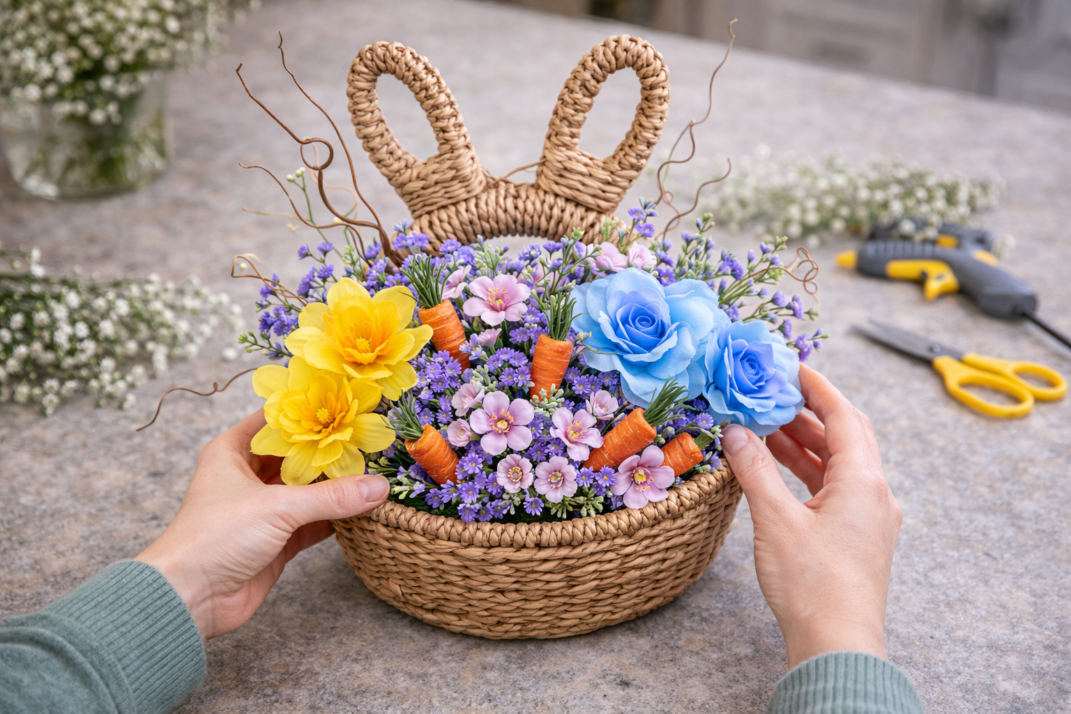 How to final review and refinement - Cozy Spring Bunny Basket Floral Display DIY tutorial