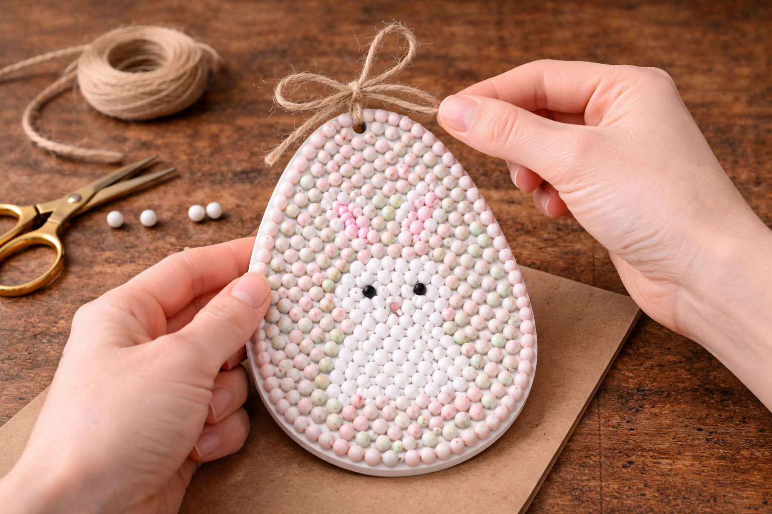 How to attach the twine - Dollar Tree Easter Bead Craft – Simple Egg Decor DIY DIY tutorial