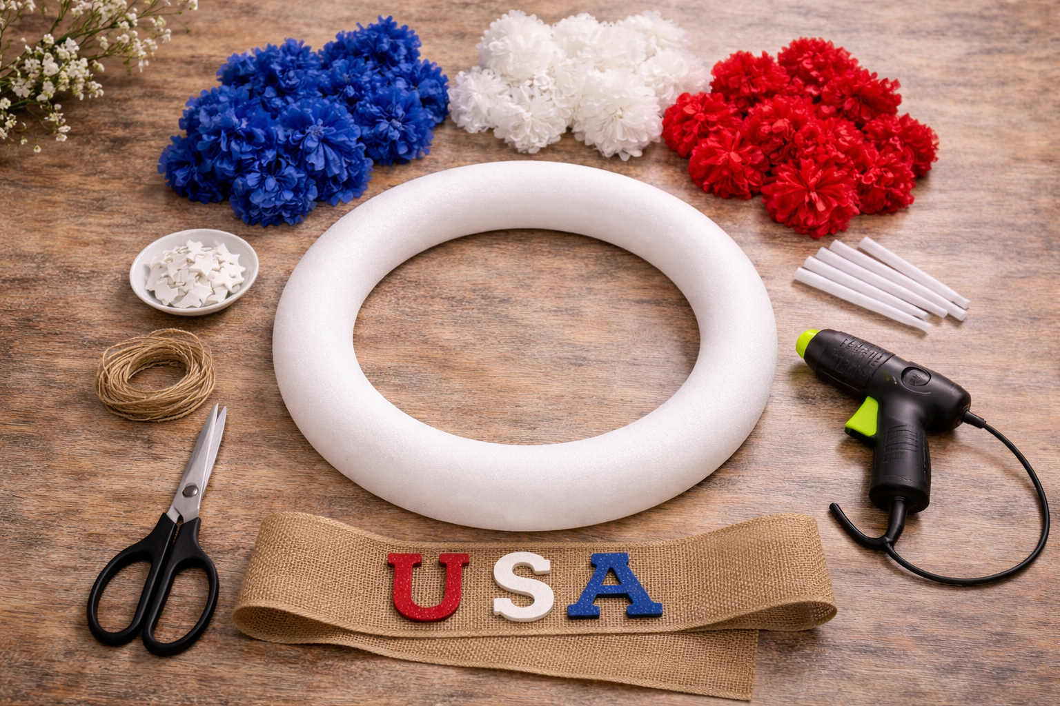 How to gather & prep wreath form - Farmhouse Patriotic Pom-Puff Wreath DIY tutorial