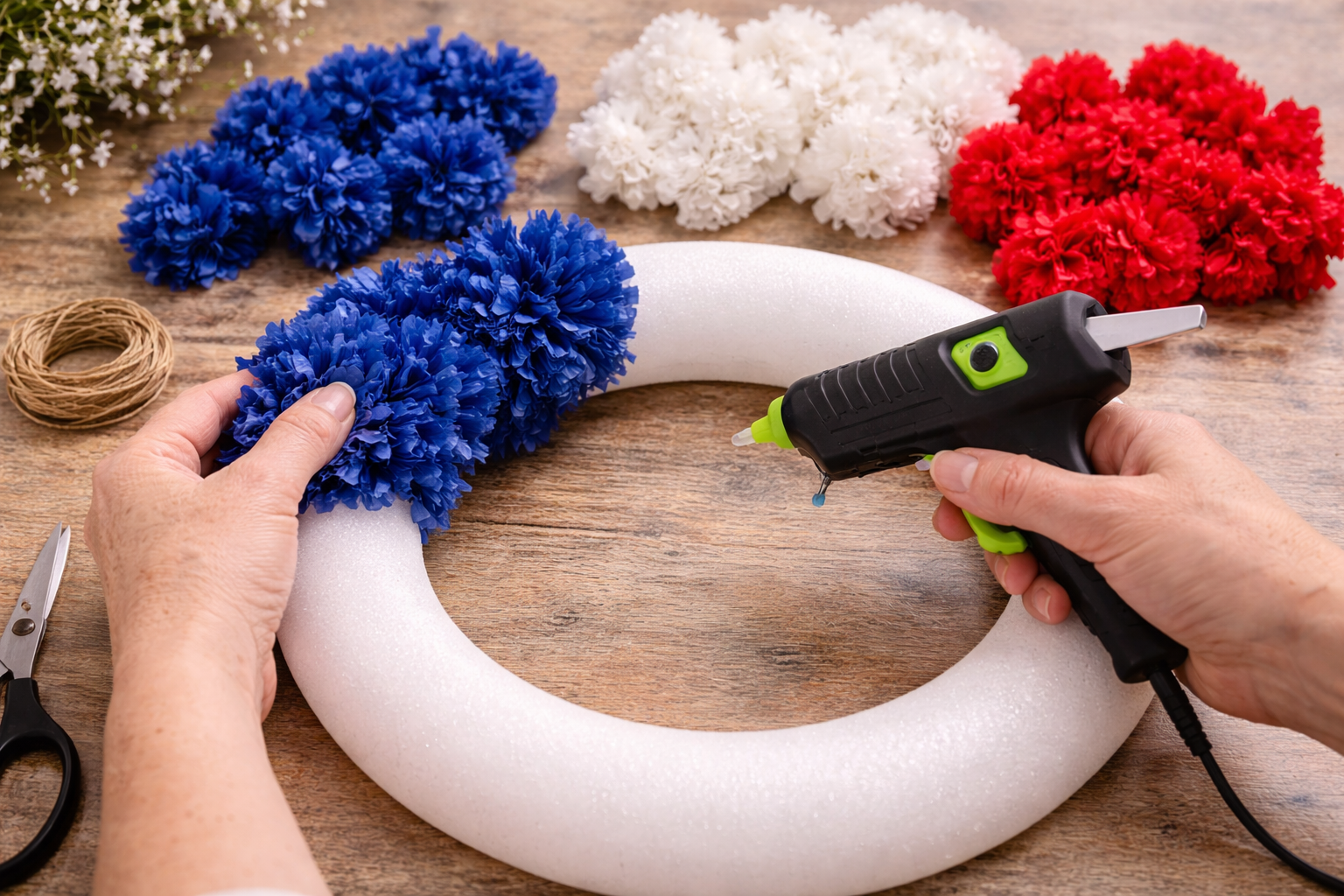 How to create blue field of stars - Farmhouse Patriotic Pom-Puff Wreath DIY tutorial