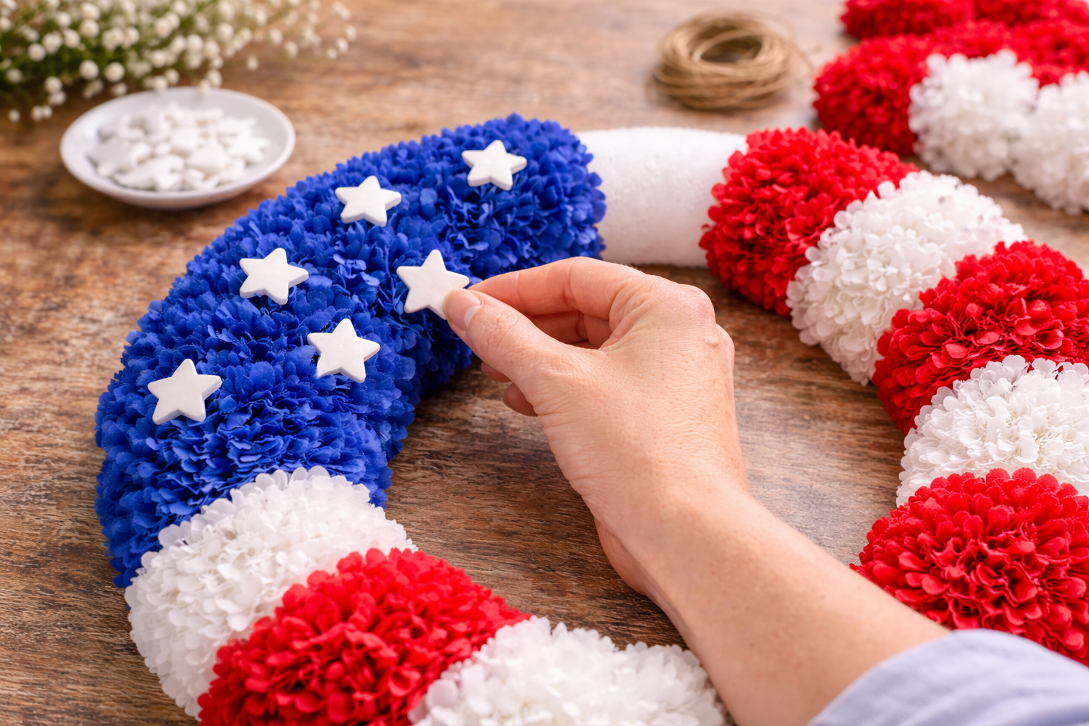 How to add star embellishments - Farmhouse Patriotic Pom-Puff Wreath DIY tutorial