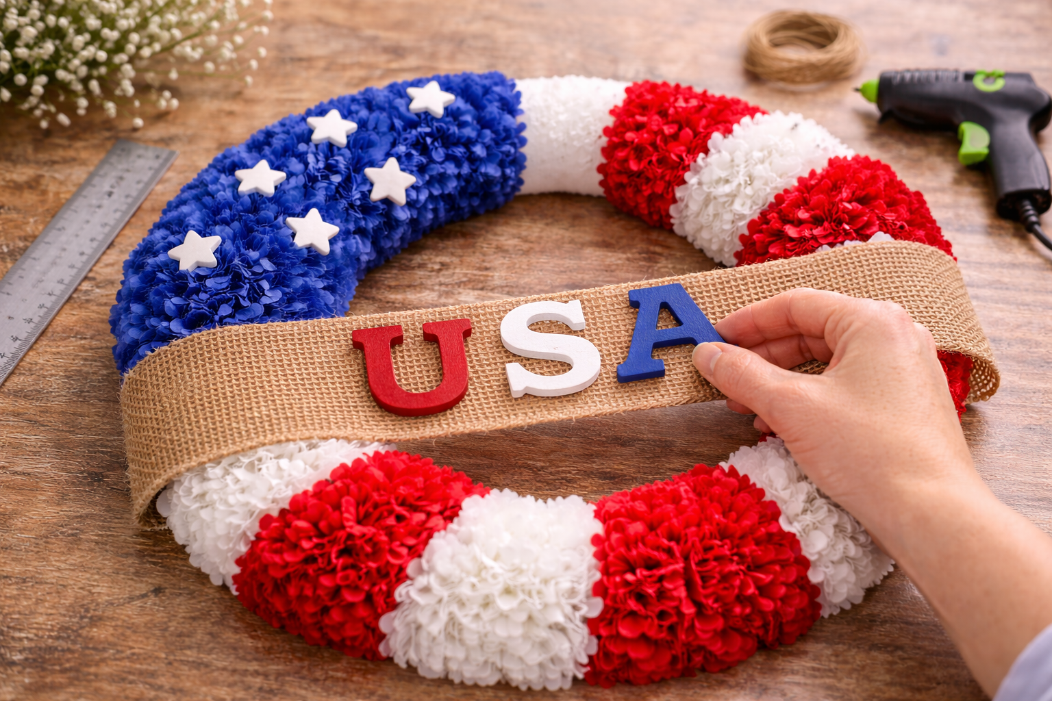 How to attach usa banner - Farmhouse Patriotic Pom-Puff Wreath DIY tutorial