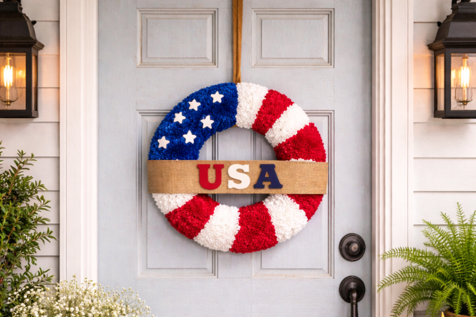 How to final touches & display - Farmhouse Patriotic Pom-Puff Wreath DIY tutorial