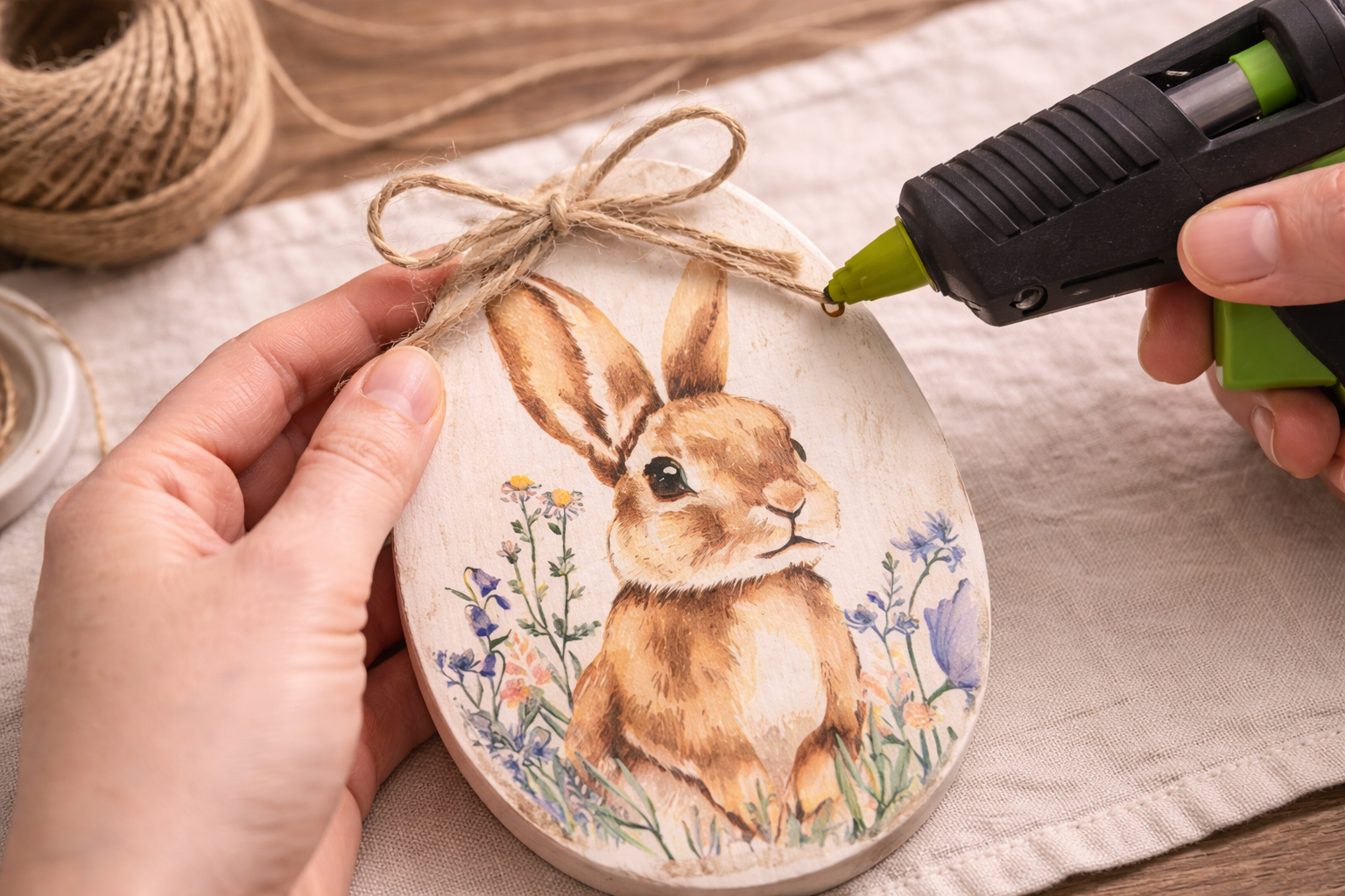 How to attach rustic twine bows - Rustic Bunny Egg Plaques: A Farmhouse Easter Craft DIY tutorial