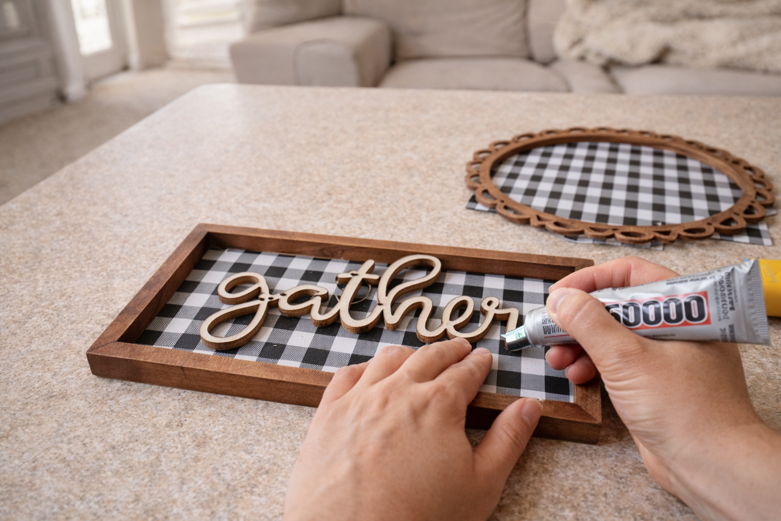 How to assemble the 'gather' sign - Rustic Charm: Buffalo Check Gather Sign with Miniature House DIY tutorial