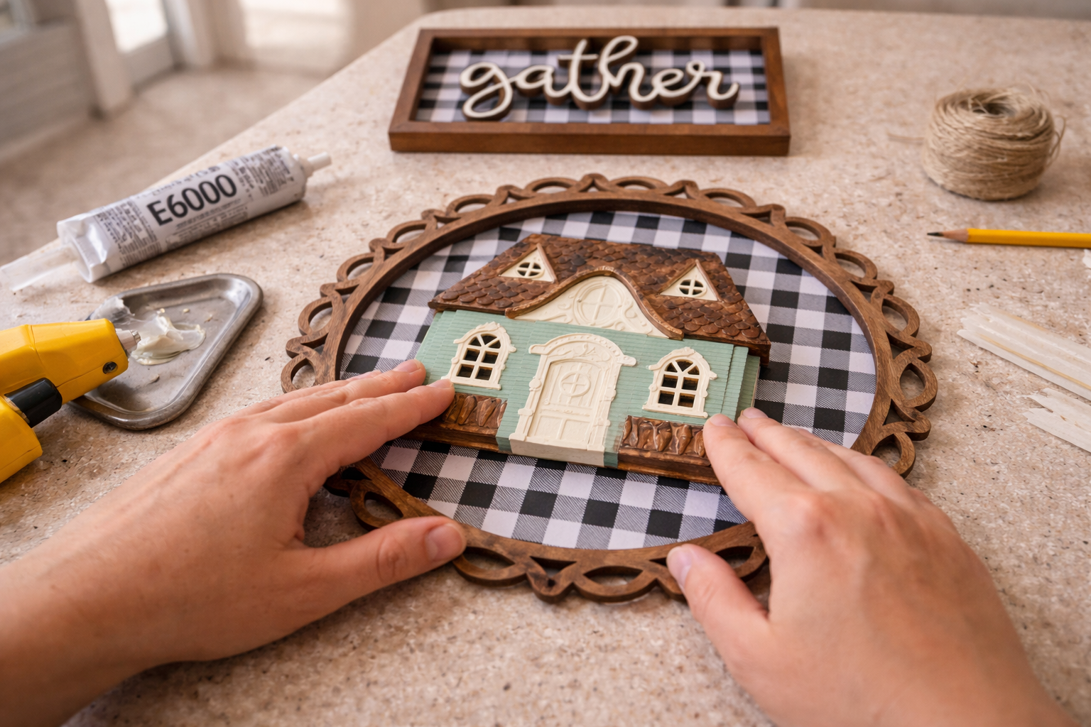 How to assemble the dollhouse sign - Rustic Charm: Buffalo Check Gather Sign with Miniature House DIY tutorial