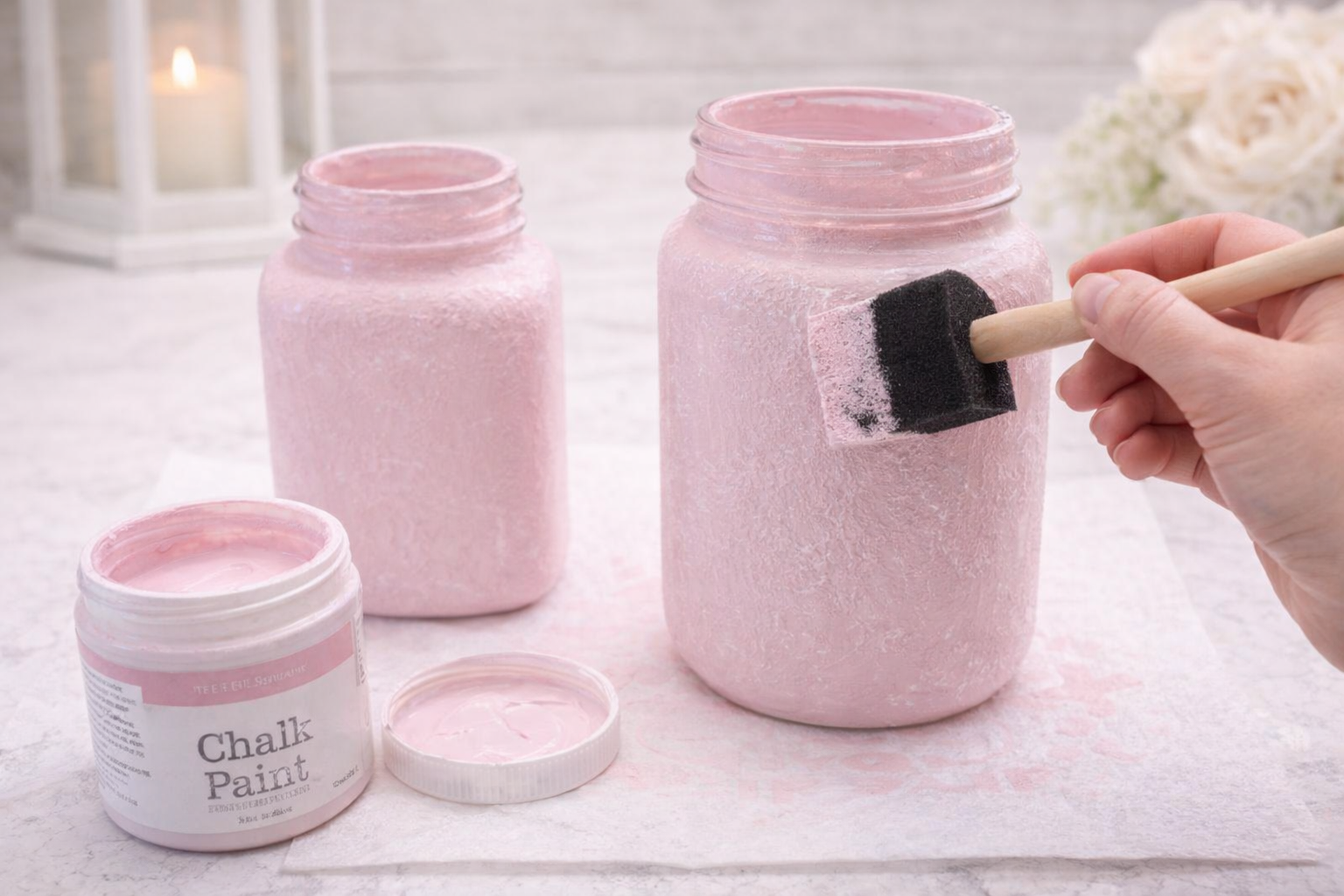 How to apply base paint layer - Shabby Chic Vintage Fawn Decoupage Jars DIY tutorial