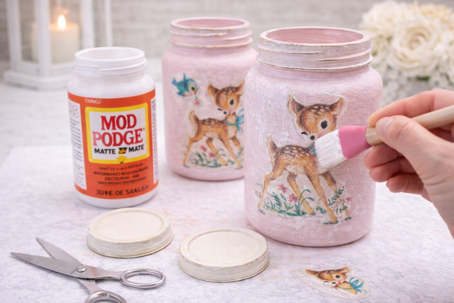 How to decoupage delightful images - Shabby Chic Vintage Fawn Decoupage Jars DIY tutorial