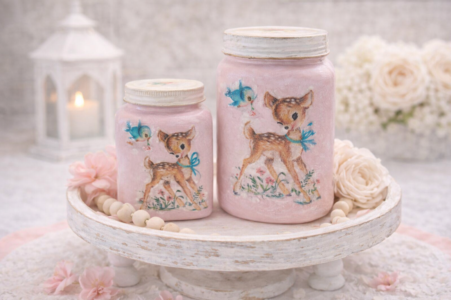 How to style & display your finished jars - Shabby Chic Vintage Fawn Decoupage Jars DIY tutorial