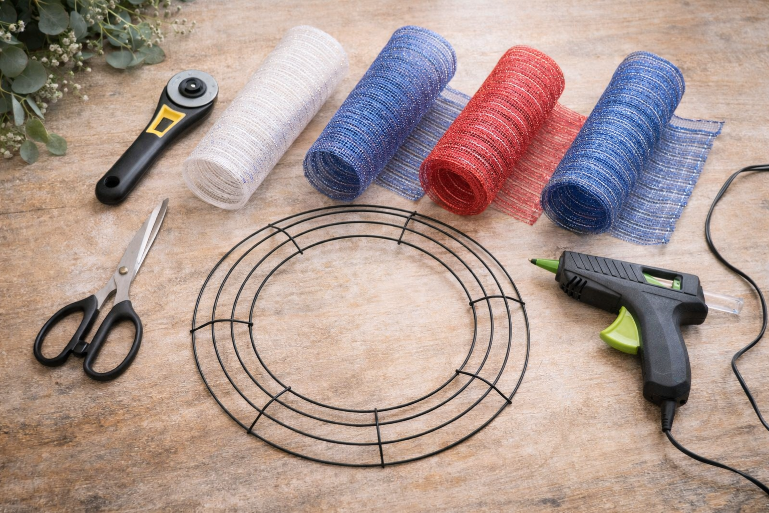 How to prepare your workspace & materials - Sparkling Patriotic Deco Mesh Wreath DIY tutorial