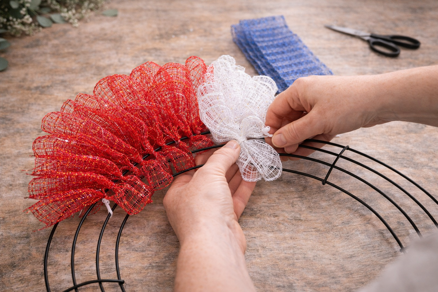 How to integrate white mesh ruffles - Sparkling Patriotic Deco Mesh Wreath DIY tutorial