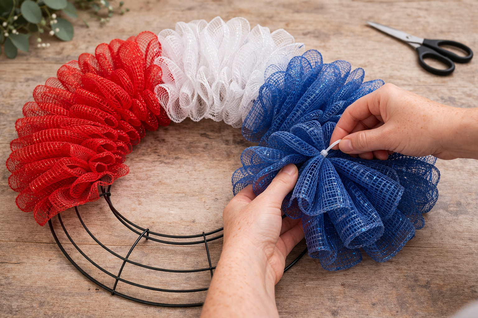 How to complete with blue mesh ruffles - Sparkling Patriotic Deco Mesh Wreath DIY tutorial