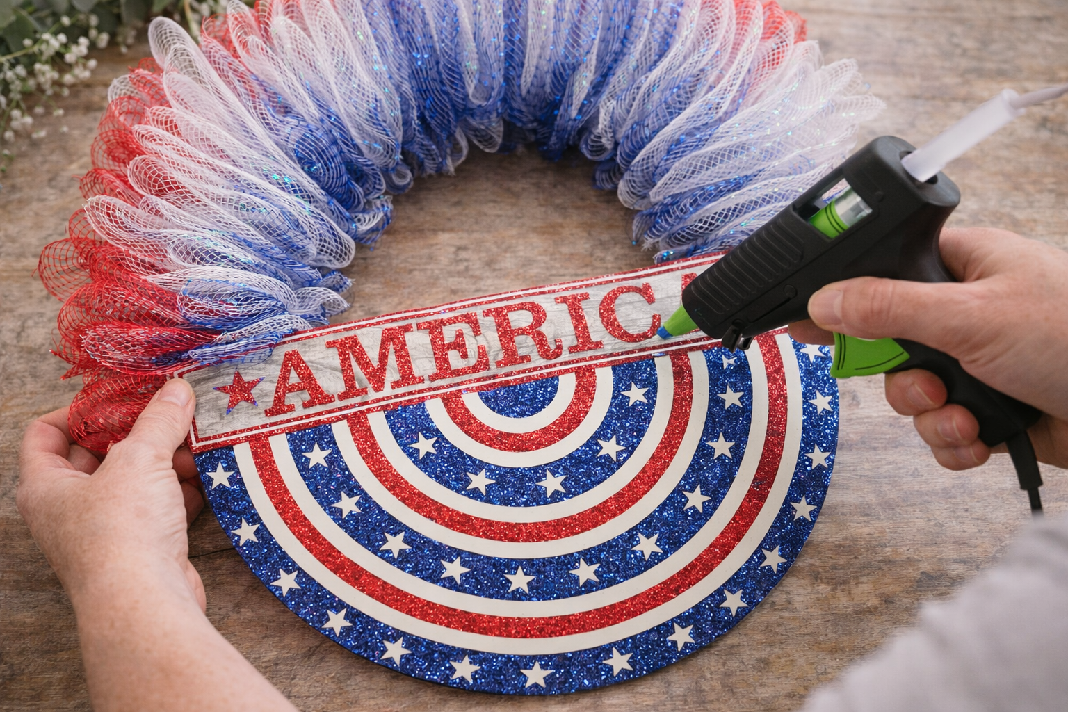 How to attach patriotic signs - Sparkling Patriotic Deco Mesh Wreath DIY tutorial