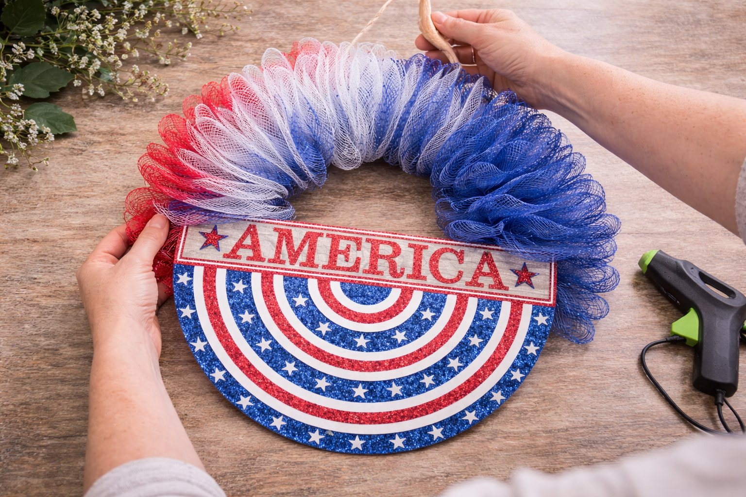 How to final adjustments & display - Sparkling Patriotic Deco Mesh Wreath DIY tutorial