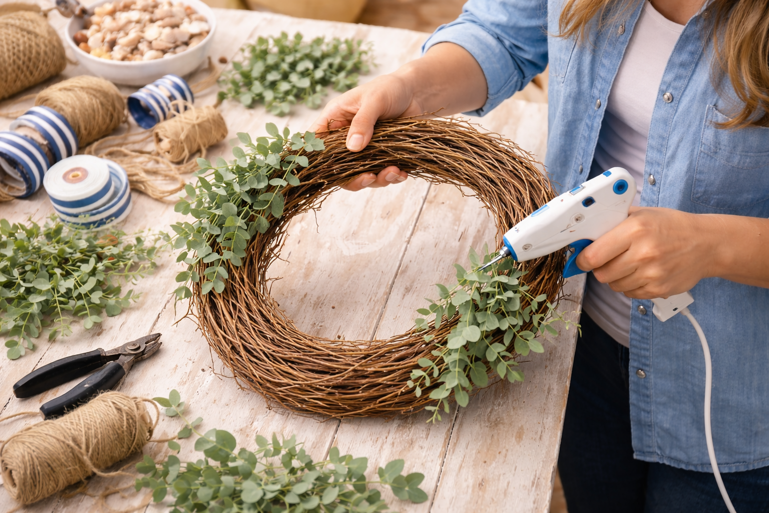 How to establish greenery foundation - Charming Coastal Summer Wreath DIY tutorial