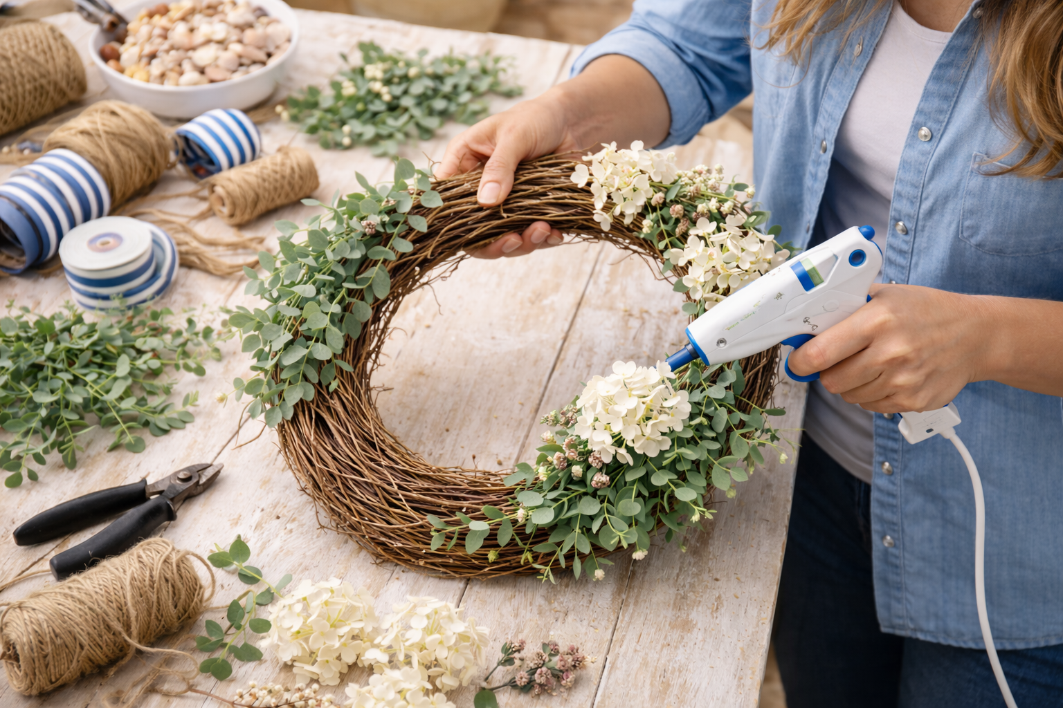 How to layer floral accents & fillers - Charming Coastal Summer Wreath DIY tutorial