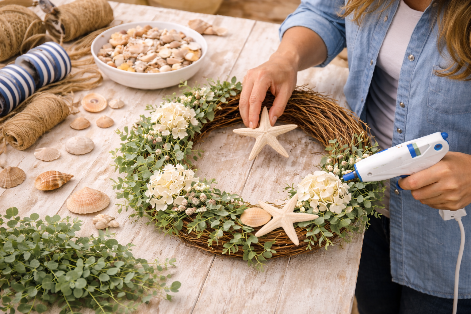 How to incorporate starfish & seashells - Charming Coastal Summer Wreath DIY tutorial