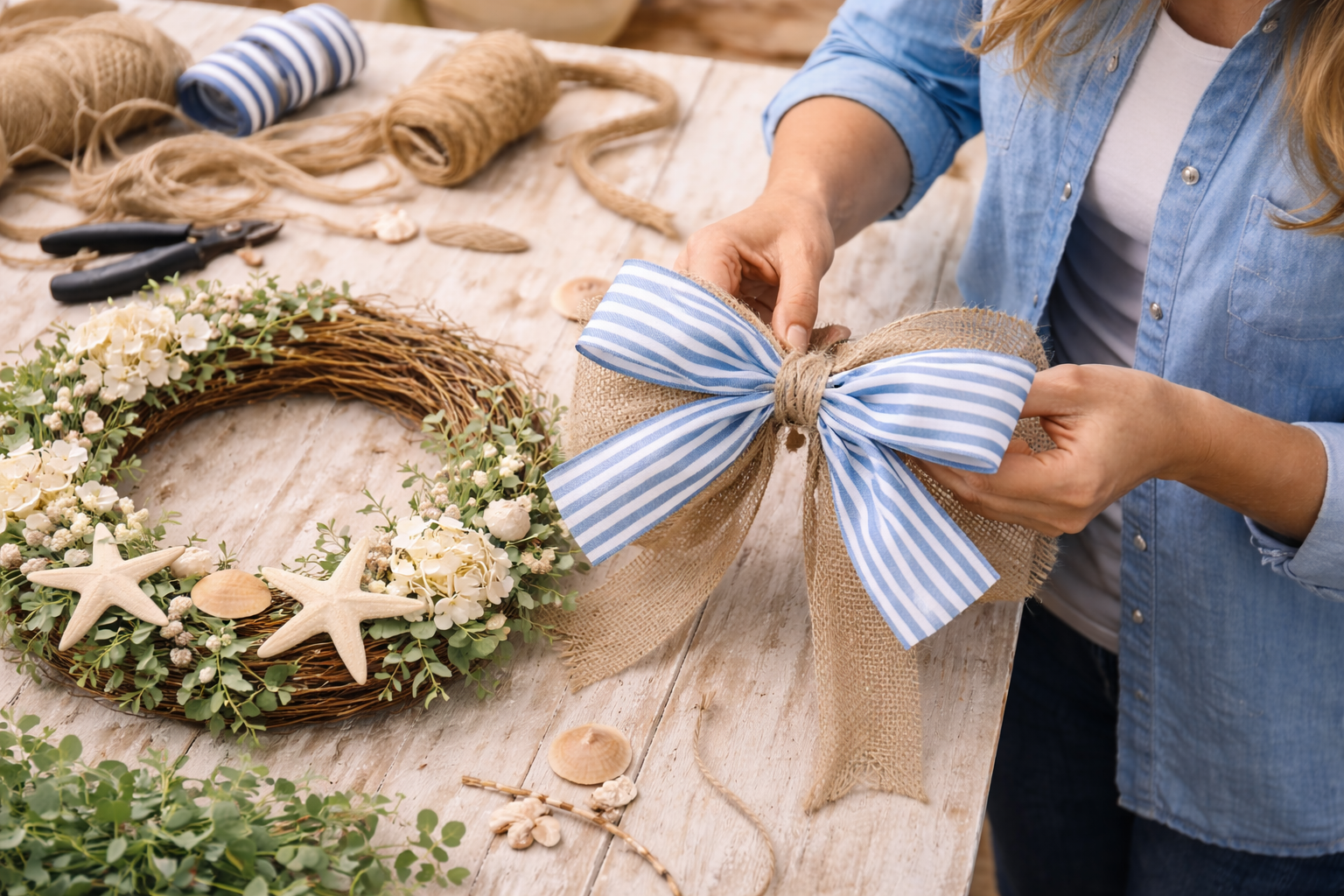 How to craft & attach signature bow - Charming Coastal Summer Wreath DIY tutorial