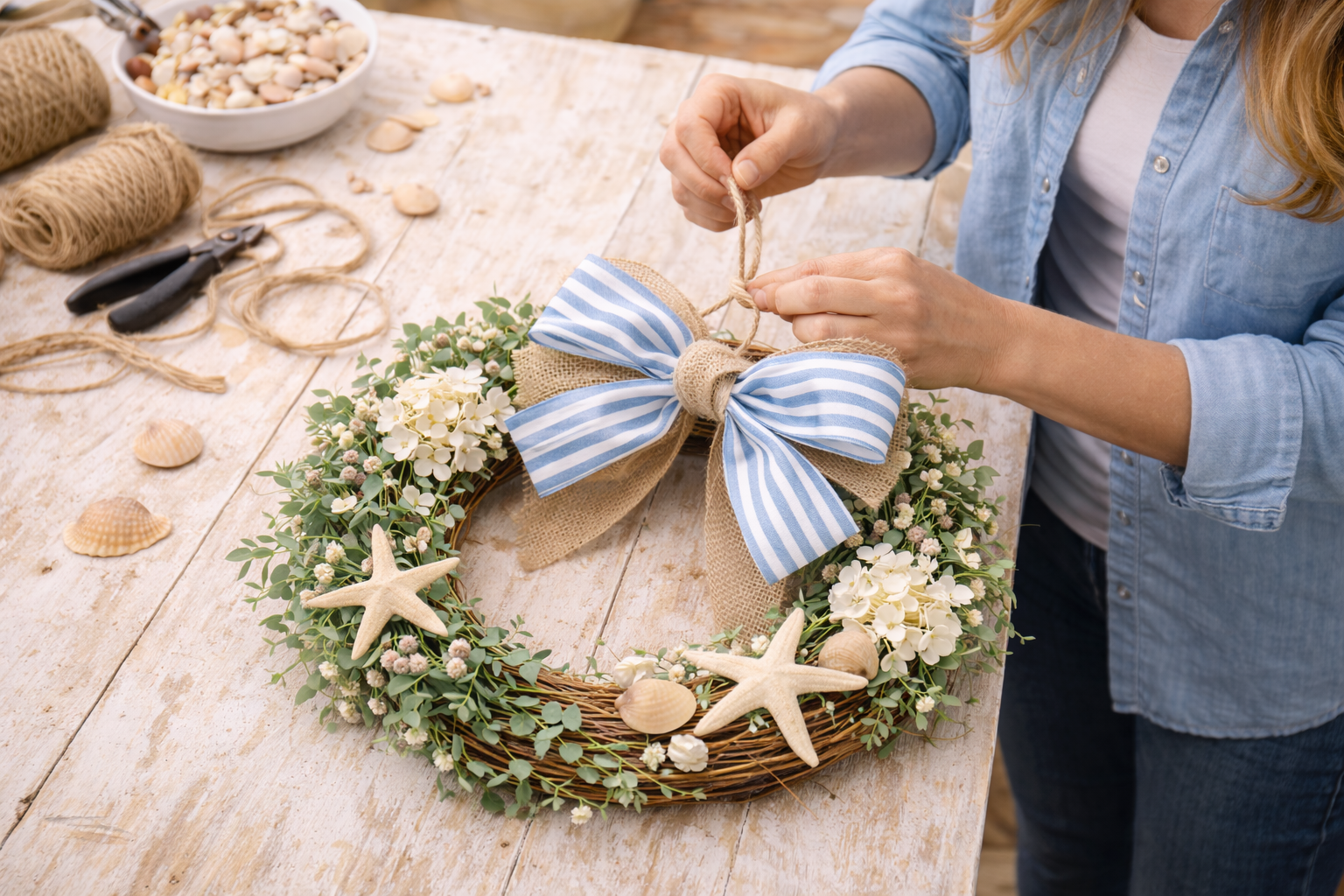How to final touches & hanger - Charming Coastal Summer Wreath DIY tutorial