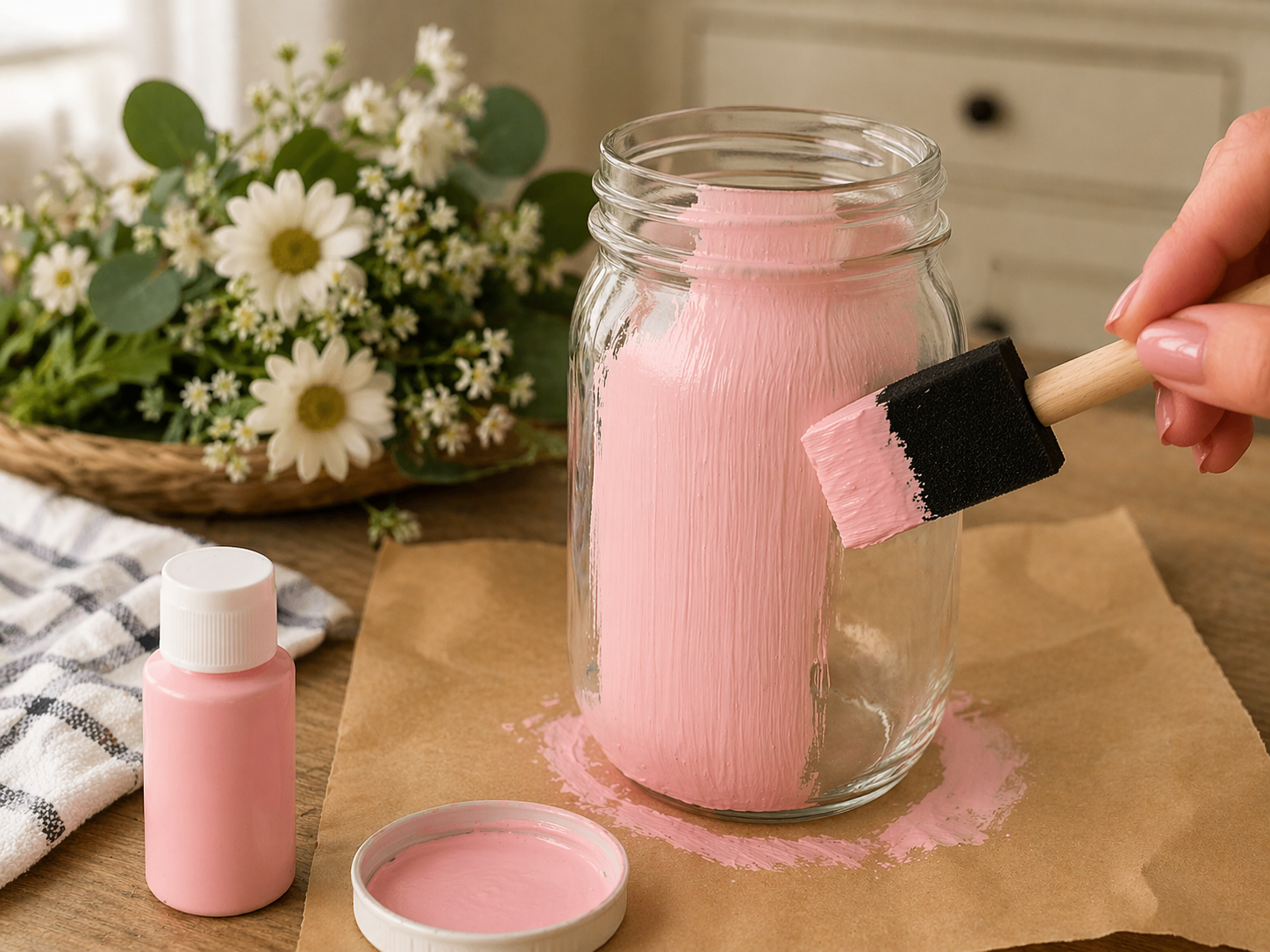 How to paint the mason jar blush - Charming Farmhouse Blush Floral Jar for Mother's Day DIY tutorial