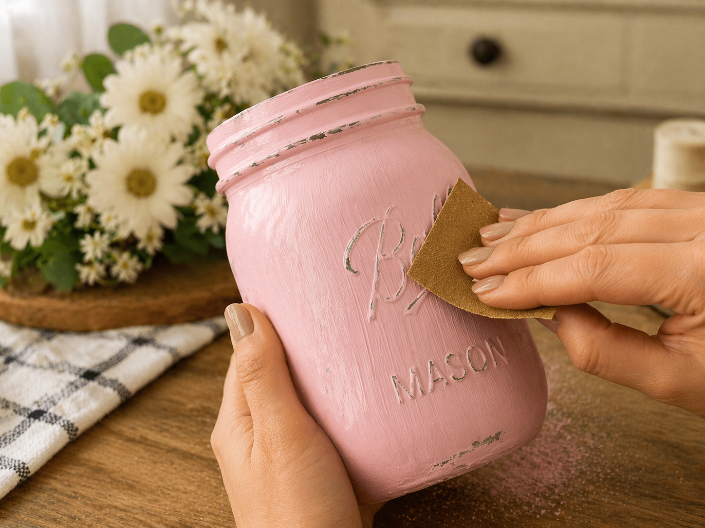 How to distress for farmhouse charm - Charming Farmhouse Blush Floral Jar for Mother's Day DIY tutorial