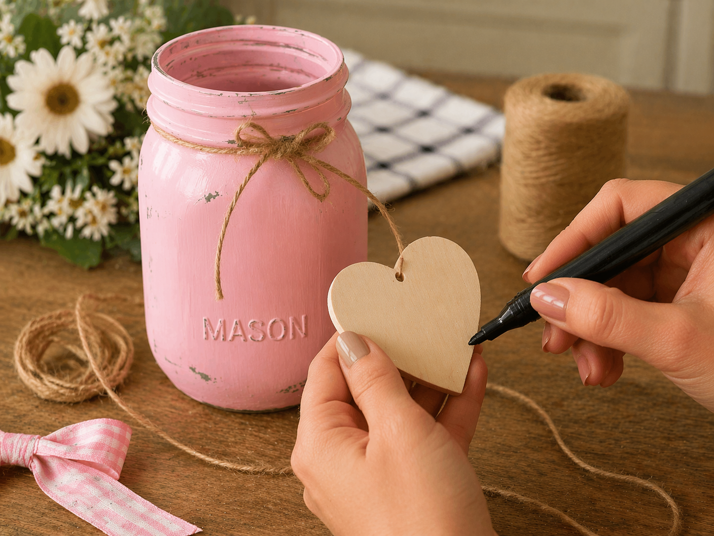 How to personalize the heart tag - Charming Farmhouse Blush Floral Jar for Mother's Day DIY tutorial