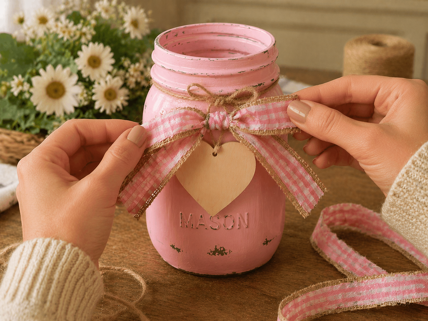 How to tie a ribbon bow - Charming Farmhouse Blush Floral Jar for Mother's Day DIY tutorial