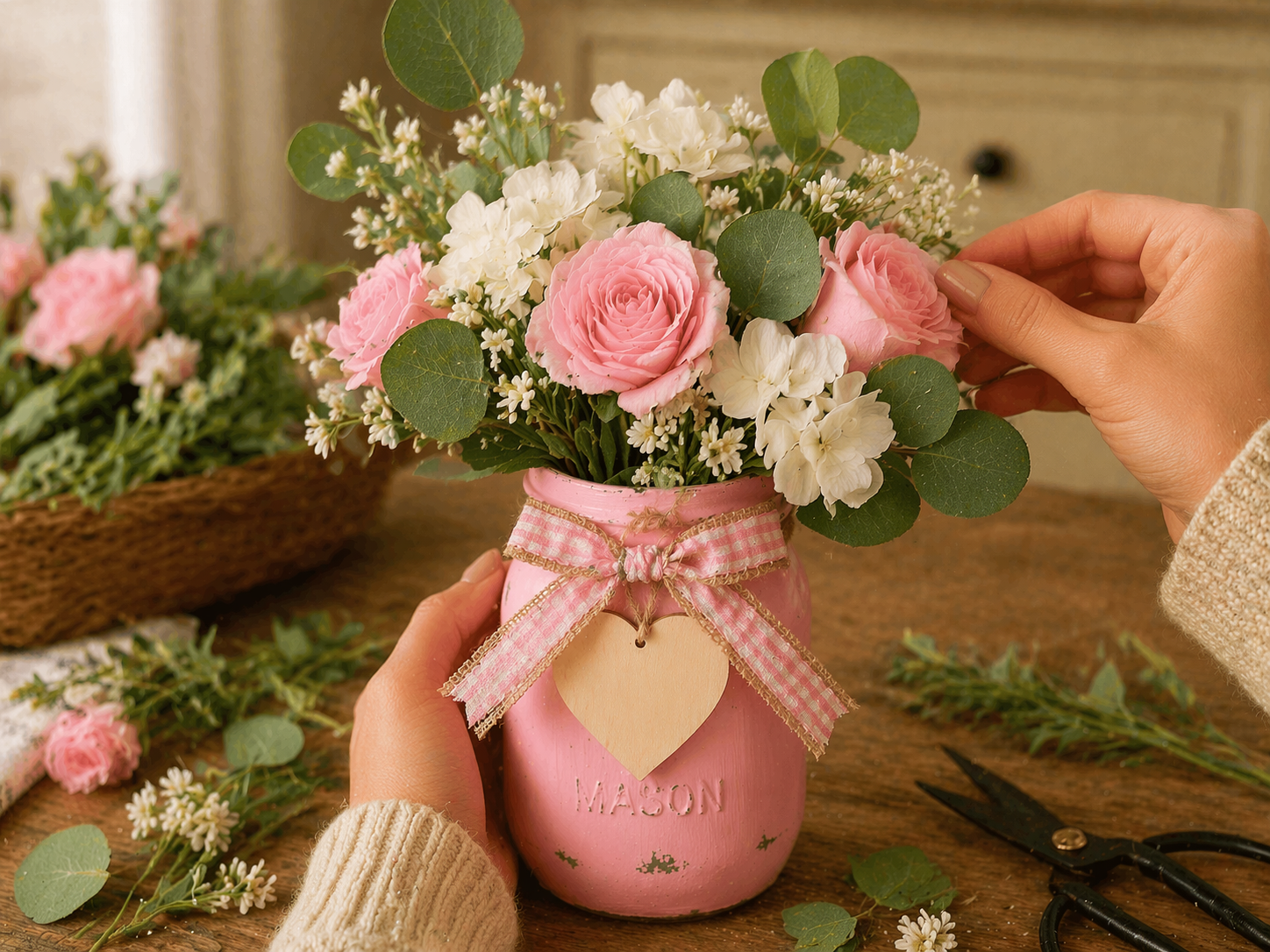 How to arrange the floral bouquet - Charming Farmhouse Blush Floral Jar for Mother's Day DIY tutorial