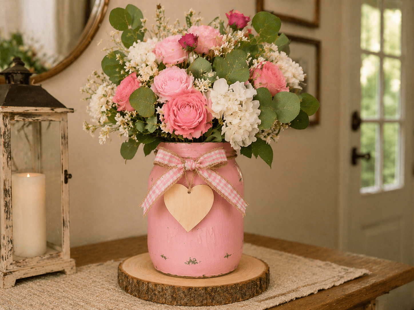 How to display on wood slice base - Charming Farmhouse Blush Floral Jar for Mother's Day DIY tutorial